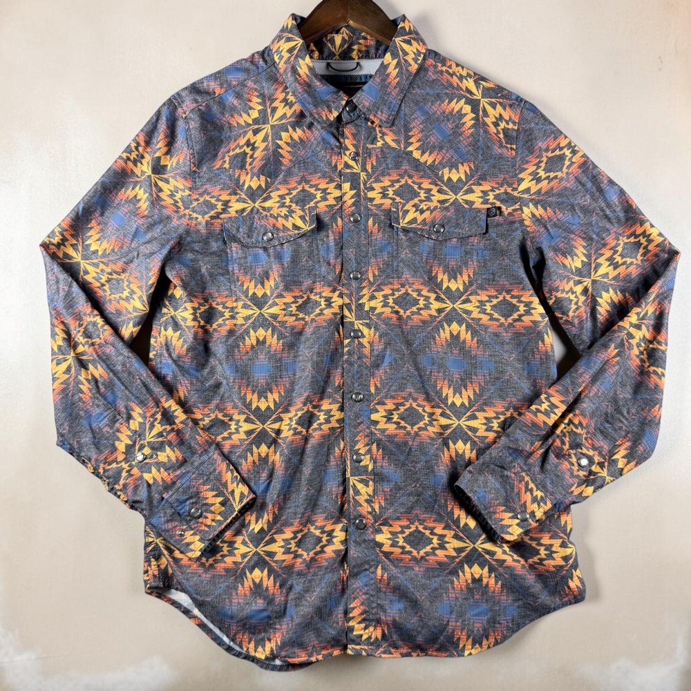 Rock & Roll Denim Mens Small Southwestern Geometric Snap Western Shirt Orange